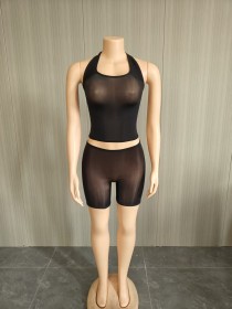 2-piece set of high elasticity bright hanging neck see through shorts