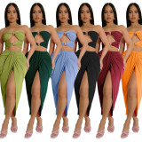 Skirt two-piece set with strapless hollow top and split skirt