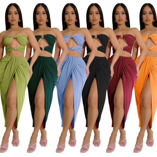 Skirt two-piece set with strapless hollow top and split skirt