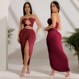 Skirt two-piece set with strapless hollow top and split skirt