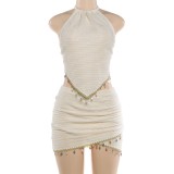 Backless lace up neck hanging vest, hip hugging short skirt set