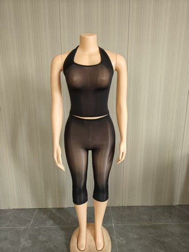 2-piece set of high elasticity bright perspective hanging neck top and mid pants