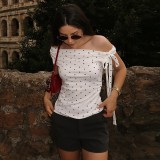 Polka dot diagonal collar tied T-shirt top