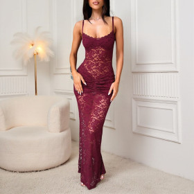 Strap collar see through lace slit dress
