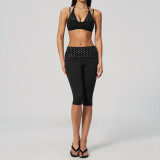 Hanging neck, shoulders, fake, two-piece folding waist, headband, polka dot sports suit