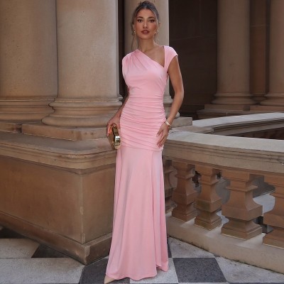 Hollow waist folded solid color dress