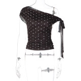 Polka dot diagonal collar tied T-shirt top