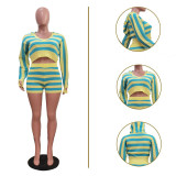 Knitted striped long sleeved hooded shorts set