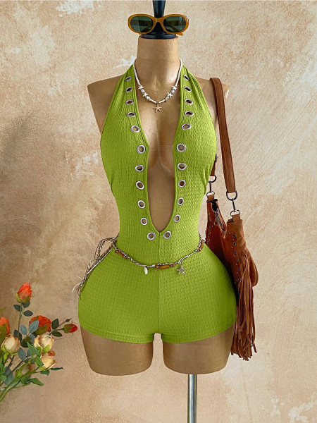 Deep V-eyelets texture pleated hanging neck jumpsuit shorts