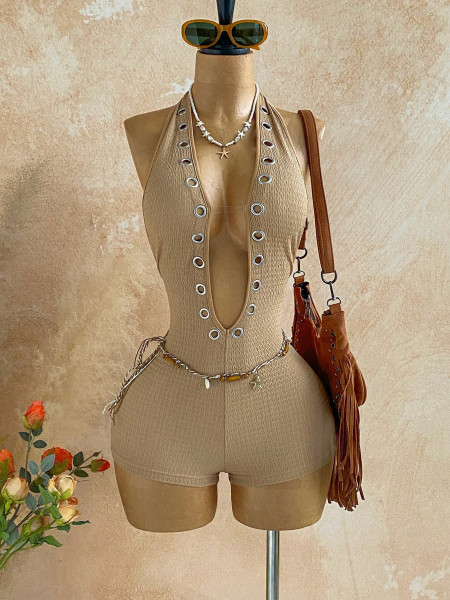 Deep V-eyelets texture pleated hanging neck jumpsuit shorts