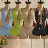 Deep V-eyelets texture pleated hanging neck jumpsuit shorts