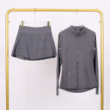 Stand-up collar jacket with three-pleated skirt set