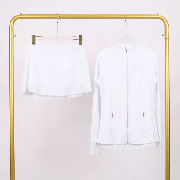 Golden zipper Stand-up collar jacket with three-pleated skirt set