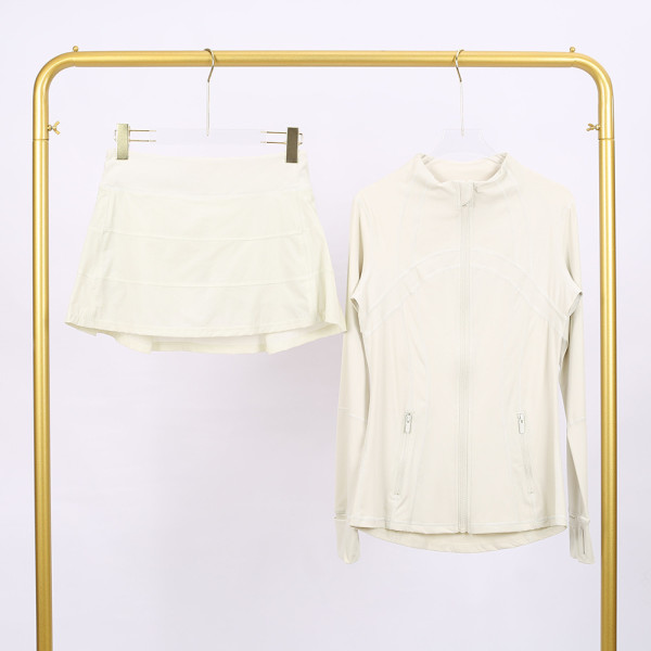 Stand-up collar jacket with three-pleated skirt set