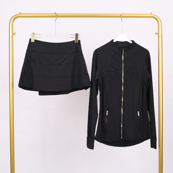 Golden zipper Stand-up collar jacket with three-pleated skirt set