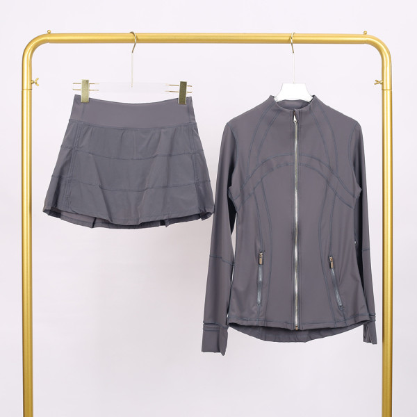 Golden zipper Stand-up collar jacket with three-pleated skirt set