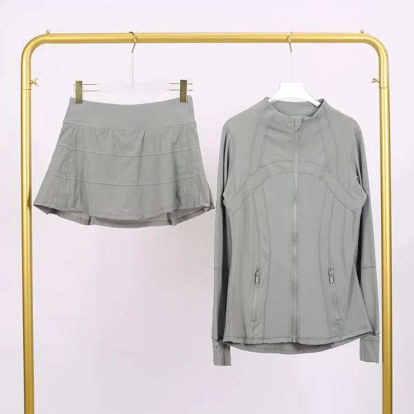 Stand-up collar jacket with three-pleated skirt set