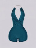 Deep V-neck pleated waist cinched open back jumpsuit