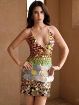 Hanging neck backless big sequin gradient hip hugging skirt