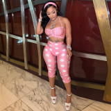 Neck strap, tight fitting cropped pants, polka dot printed headband, three piece set