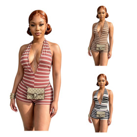 Striped Deep V-neck Striped Wraparound Shorts