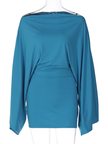 One shoulder bat, big sleeves, hip hugging, short jumpsuit