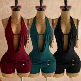 Deep V-neck hanging neck backless jumpsuit