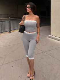 Color blocked lace patchwork crop top wrapped around the chest, five part shorts set