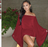 One shoulder bat, big sleeves, hip hugging, short jumpsuit