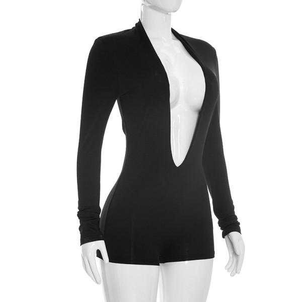 Sexy Deep V Long Sleeve Bodycon Short Bodysuit D26RP245 