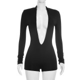 Sexy Deep V Long Sleeve Bodycon Short Bodysuit D26RP245 