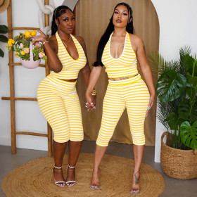 Two piece set of striped printed neck hanging vest, high waisted cropped pants