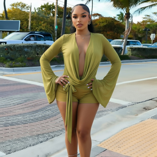 Mesh long sleeved swing collar big backless one-piece three part shorts