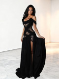 Lace patchwork slightly transparent slit dress