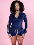 Two piece set of German velvet zipper pocket drawstring side striped patchwork shorts