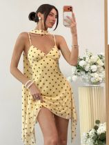 Strap top skirt with neck hanging, silk ribbon printed polka dot dress Strap top skirt with neck hanging, silk ribbon printed polka dot dress
