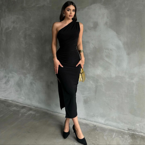 Slant shoulder solid color slit sleeveless dress