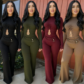 Pit stripe hollow long sleeved high waisted flared wide leg jumpsuit
