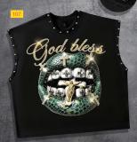 Printed sleeveless vest with rivets and cut edges, loose fitting shoulder