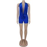 Hanging neck deep V-waist shorts with straps and jumpsuit
