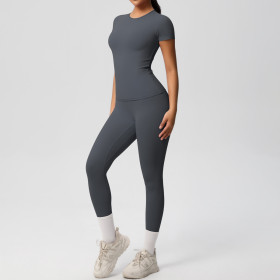 Sports T-shirt elastic short sleeved yoga pants set