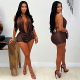 Hanging neck deep V-waist shorts with straps and jumpsuit