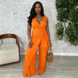 Sleeveless V-neck cross tie open top, wide leg jumpsuit
