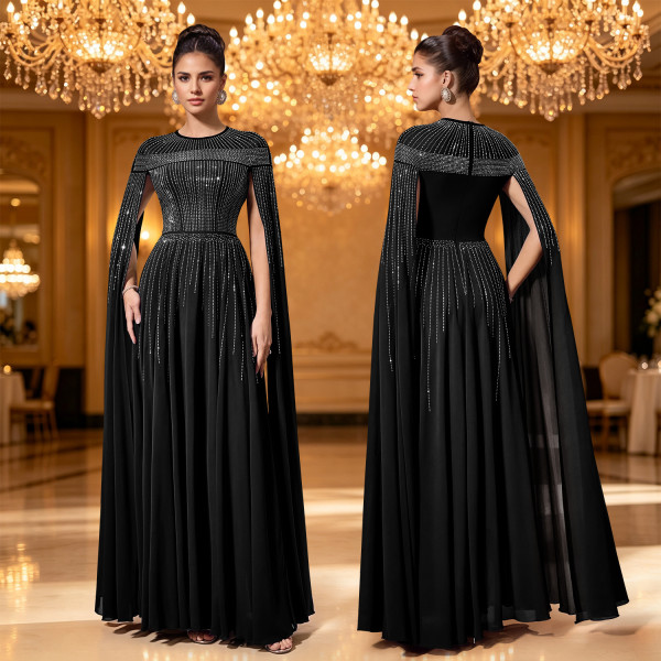 Hot pressed diamond cape big swing dress