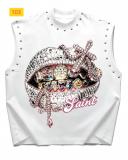 Printed sleeveless vest with rivets and cut edges, loose fitting shoulder