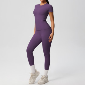 Sports T-shirt elastic short sleeved yoga pants set