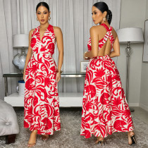 Hanging neck V-neck printed long skirt Hanging neck V-neck printed long skirt