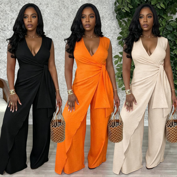 Sleeveless V-neck cross tie open top, wide leg jumpsuit