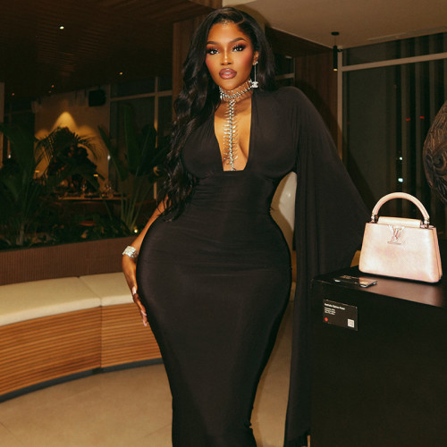 Asymmetric hip hugging skirt V-neck long sleeved party dress