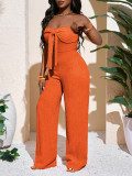 Bow tie strapless jumpsuit with texture, strapless wide leg pants